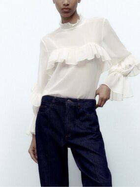 Zara high neck sheer ruffle chiffon blouse size small